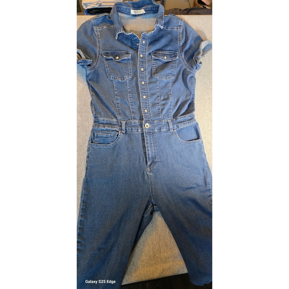 Mebon by Machine Jeans Denim Overalls Womens Size L Blue Pearl Snap Normcore